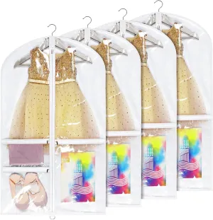 Univivi Dance Costume Garment Bag, 40 Inch Garment Bags for Dance Costumes Kids Dance Costume Bag with 3 Medium Clear Zipper Pockets for Dance Costumes, Hanging Clothes (White) - 4 Pack, UN0783