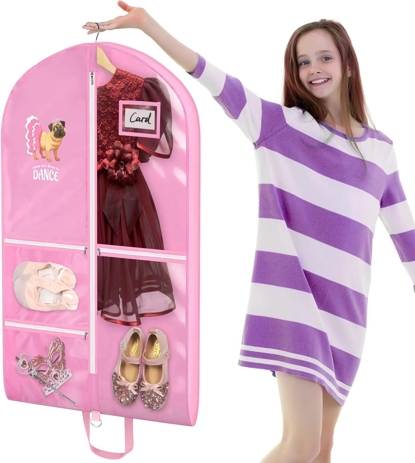 Univivi Dance Garment Bags for Dancers, 3" Gusseted Garment Bags for Dance Costumes with 5 Pockets, 40" Dance Garment Bag with Puppy Pattern for Dance Competitions and Travel (Pink)