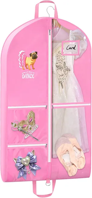 Univivi Dance Garment Bags for Dancers, 3" Gusseted Garment Bags for Dance Costumes with 5 Pockets, 40" Dance Garment Bag with Puppy Pattern for Dance Competitions and Travel (Pink)