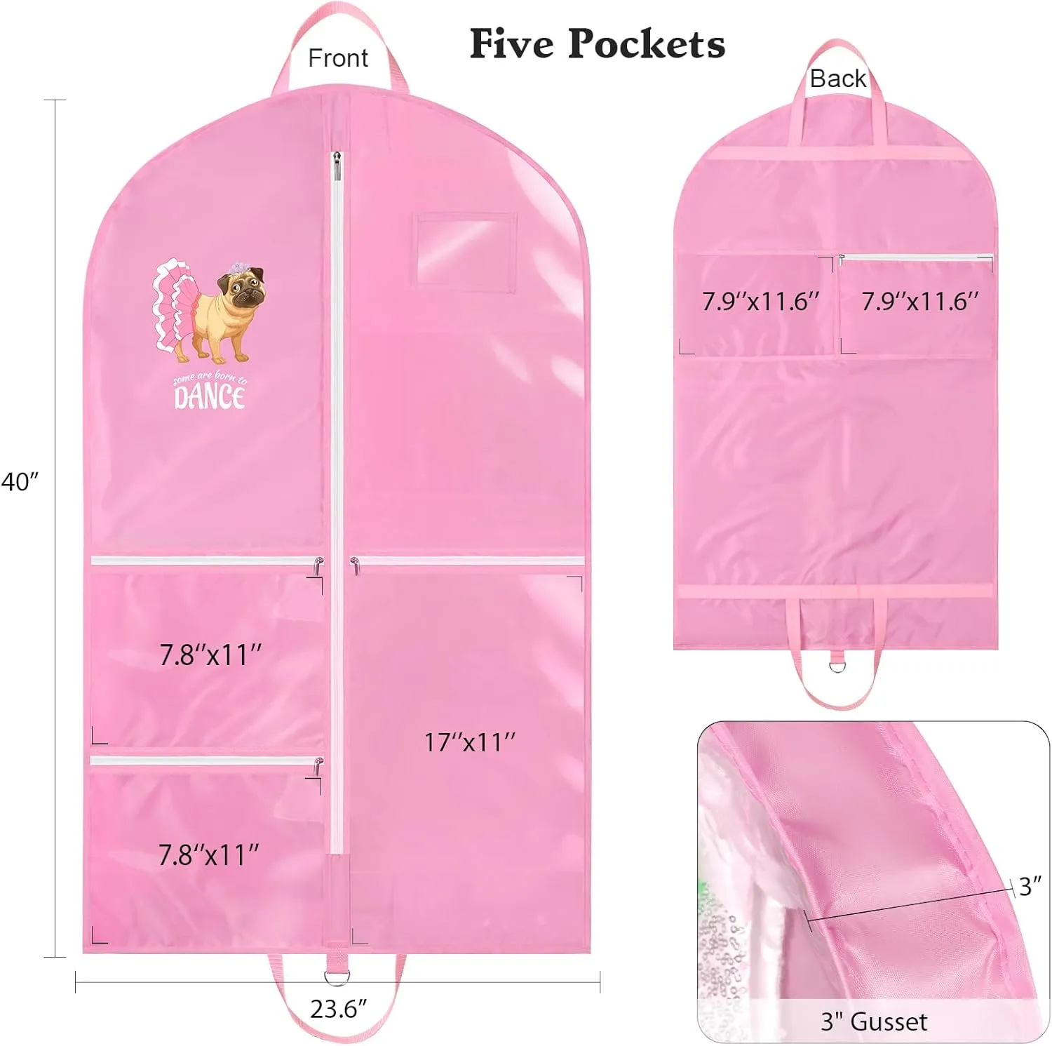 Univivi Dance Garment Bags for Dancers, 3" Gusseted Garment Bags for Dance Costumes with 5 Pockets, 40" Dance Garment Bag with Puppy Pattern for Dance Competitions and Travel (Pink)