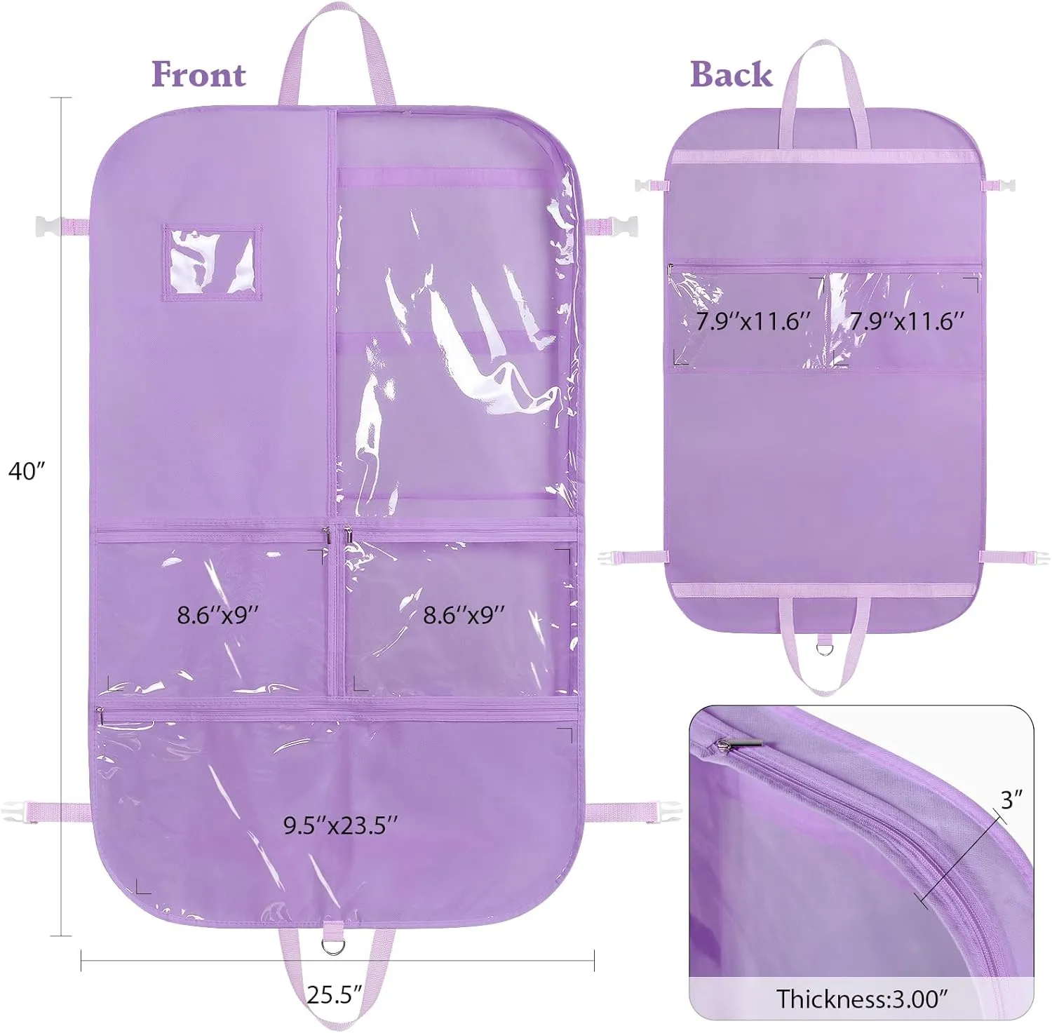 Univivi Purple Dance Costume Bags Garment Bag 40 Inch for Dance Competitions, 3 Medium Clear Zipper Pockets and 2 Back Zippered Pockets, with 1 xPendant, 3 x Badge
