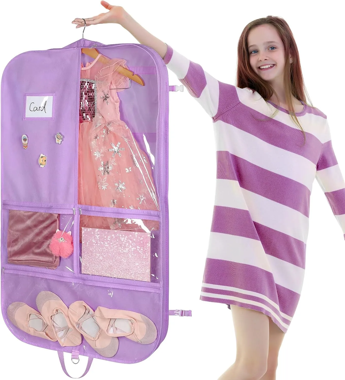 Univivi Purple Dance Costume Bags Garment Bag 40 Inch for Dance Competitions, 3 Medium Clear Zipper Pockets and 2 Back Zippered Pockets, with 1 xPendant, 3 x Badge