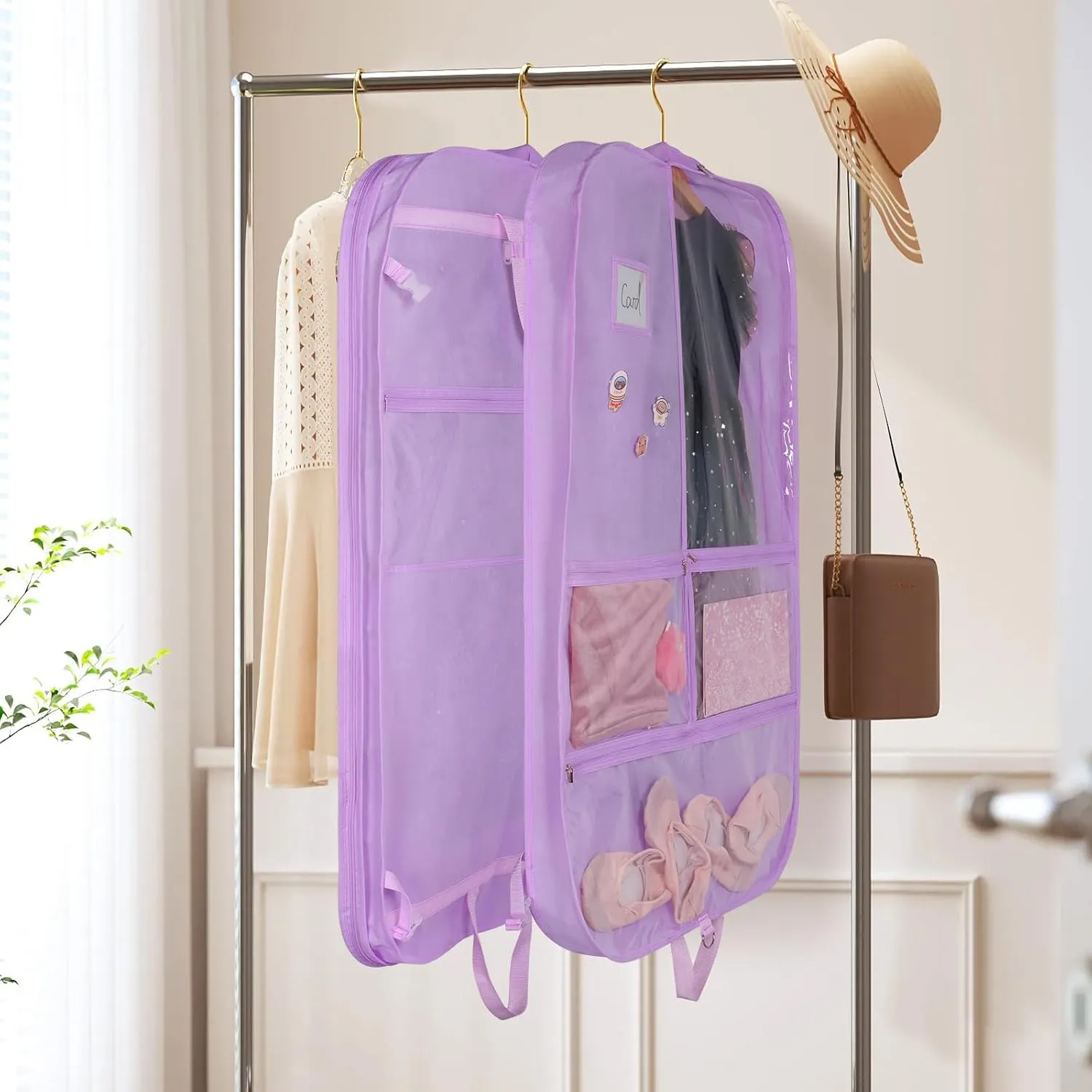 Univivi Purple Dance Costume Bags Garment Bag 40 Inch for Dance Competitions, 3 Medium Clear Zipper Pockets and 2 Back Zippered Pockets, with 1 xPendant, 3 x Badge