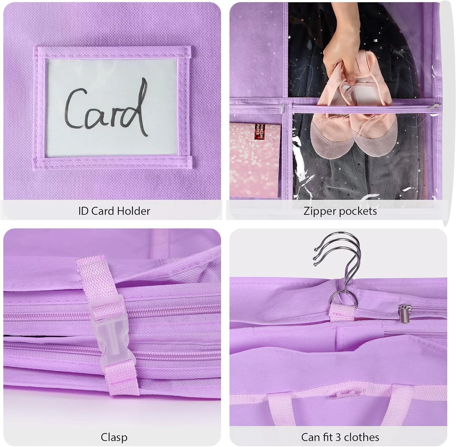 Univivi Purple Dance Costume Bags Garment Bag 40 Inch for Dance Competitions, 3 Medium Clear Zipper Pockets and 2 Back Zippered Pockets, with 1 xPendant, 3 x Badge