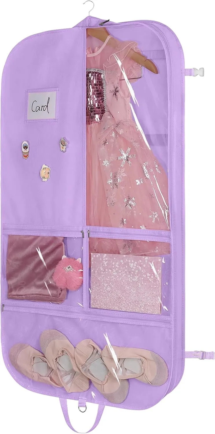 Univivi Purple Dance Costume Bags Garment Bag 40 Inch for Dance Competitions, 3 Medium Clear Zipper Pockets and 2 Back Zippered Pockets, with 1 xPendant, 3 x Badge