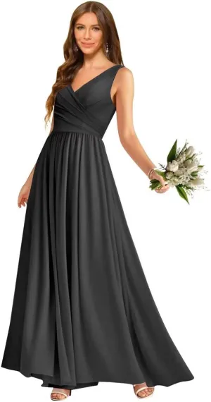 V Neck Chiffon Bridesmaid Dresses for Women A Line Pleated Formal Evening Party Gown