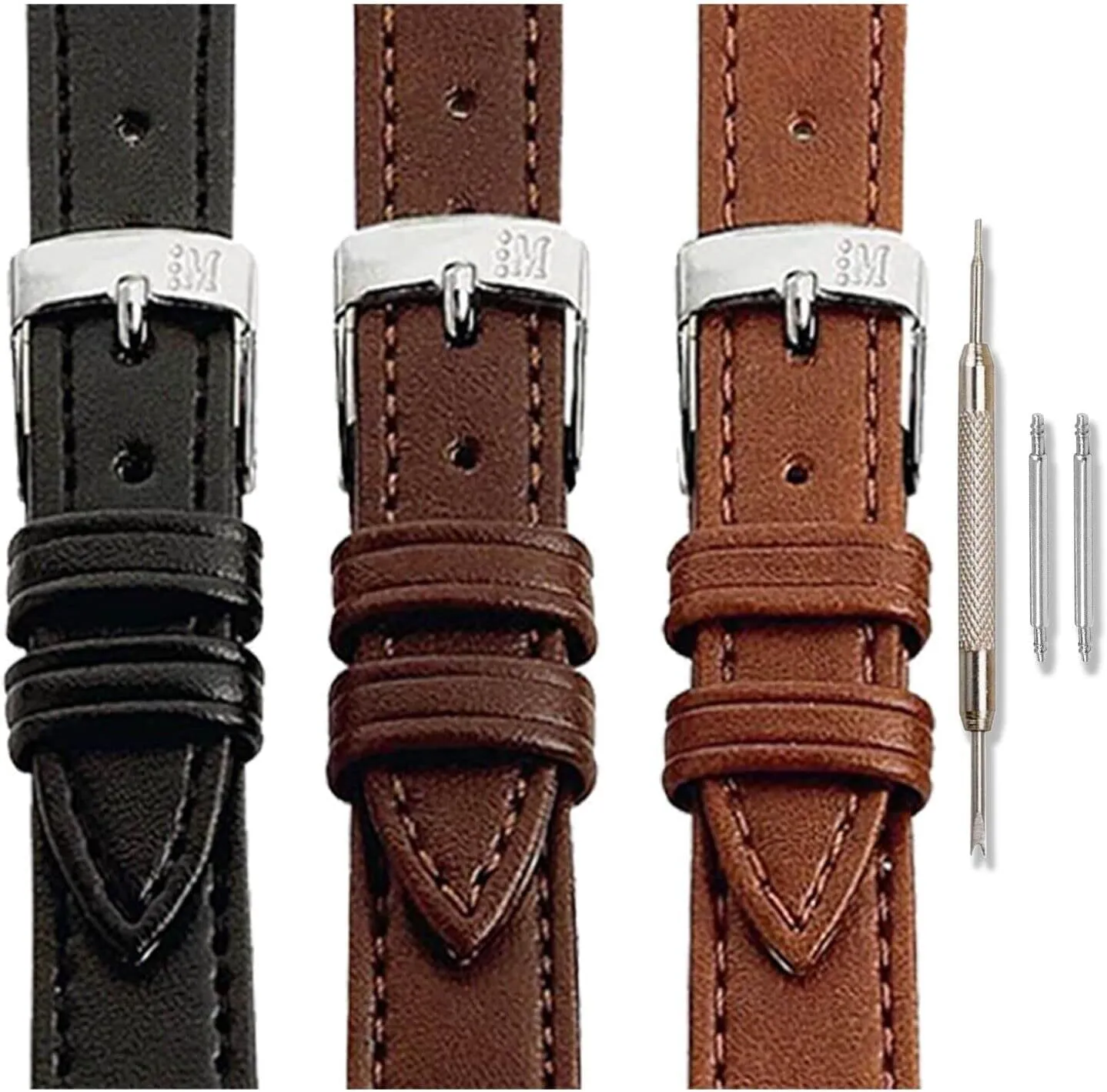 Vegan Leather Watch Strap - Animal-Free, Calfgrain Design, Stainless Steel Buckle - Black, Brown, 8-20mm Point Watch Band