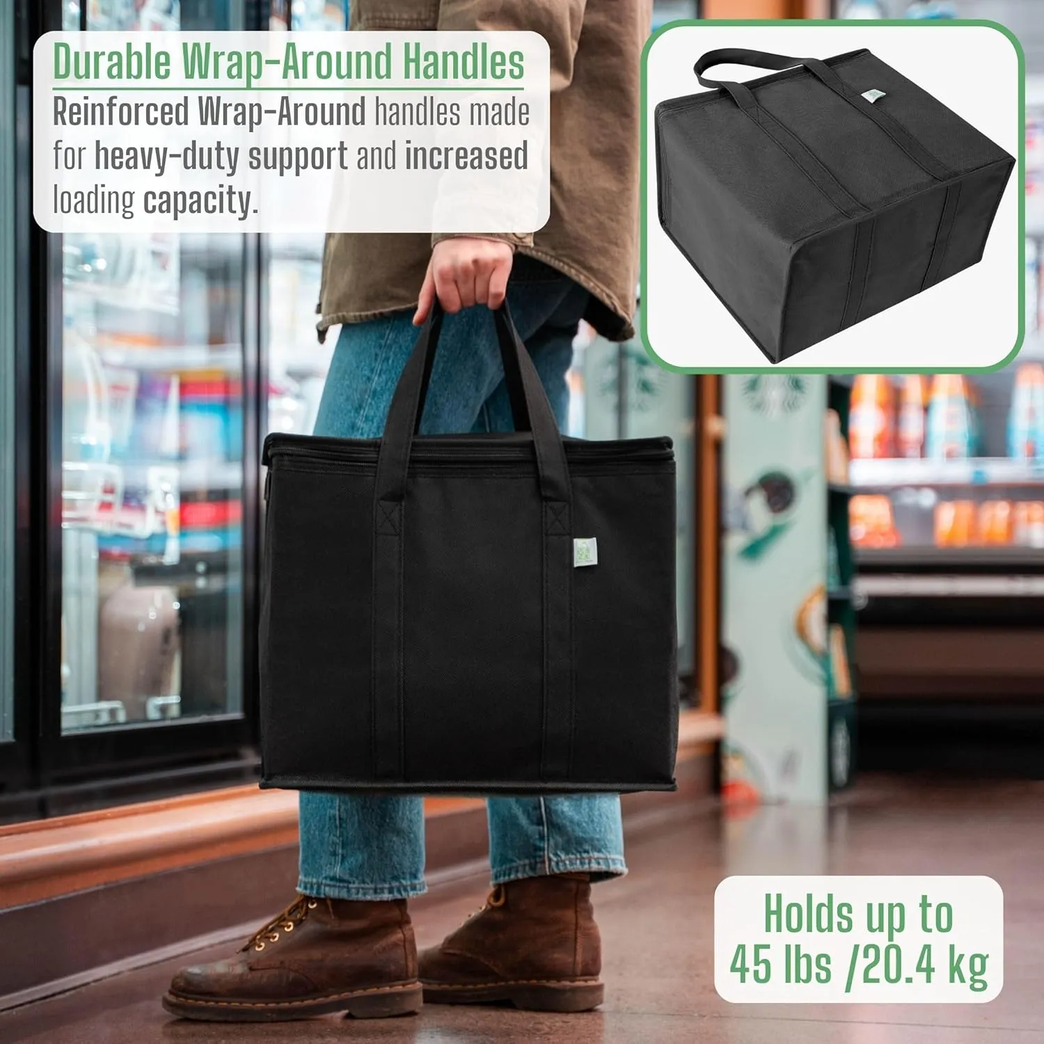 VENO 2 Pack Cooler Bags - Insulated for Food Delivery, Collapsible and Reusable Shopping Bags with Zipper, Foldable, Heavy-Duty, Stands Upright - Ideal for Groceries (Black, 2 Pack)