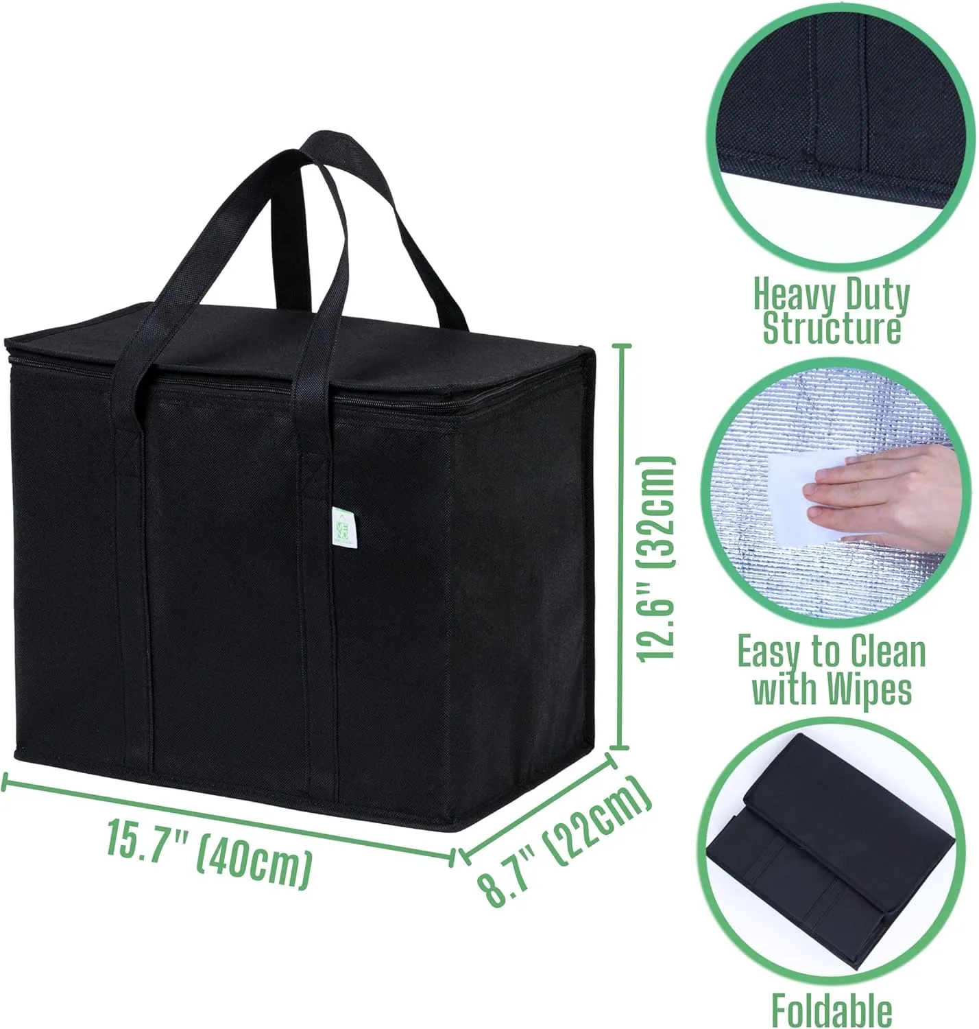 VENO 2 Pack Cooler Bags - Insulated for Food Delivery, Collapsible and Reusable Shopping Bags with Zipper, Foldable, Heavy-Duty, Stands Upright - Ideal for Groceries (Black, 2 Pack)