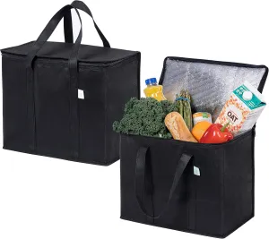 VENO 2 Pack Cooler Bags - Insulated for Food Delivery, Collapsible and Reusable Shopping Bags with Zipper, Foldable, Heavy-Duty, Stands Upright - Ideal for Groceries (Black, 2 Pack)