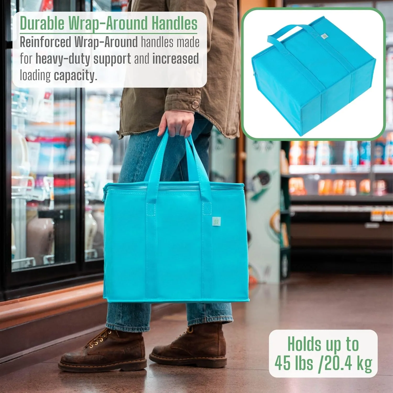 VENO 3 Pack Cooler Bag and Insulated Grocery Bags for Food Delivery, Collapsible Cooler, Reusable Shopping Bags for Groceries with Zipper, Foldable, Heavy-Duty, Stands Upright (Cyan, 3 Pack)