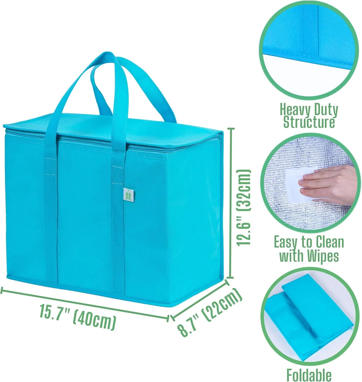 VENO 3 Pack Cooler Bag and Insulated Grocery Bags for Food Delivery, Collapsible Cooler, Reusable Shopping Bags for Groceries with Zipper, Foldable, Heavy-Duty, Stands Upright (Cyan, 3 Pack)