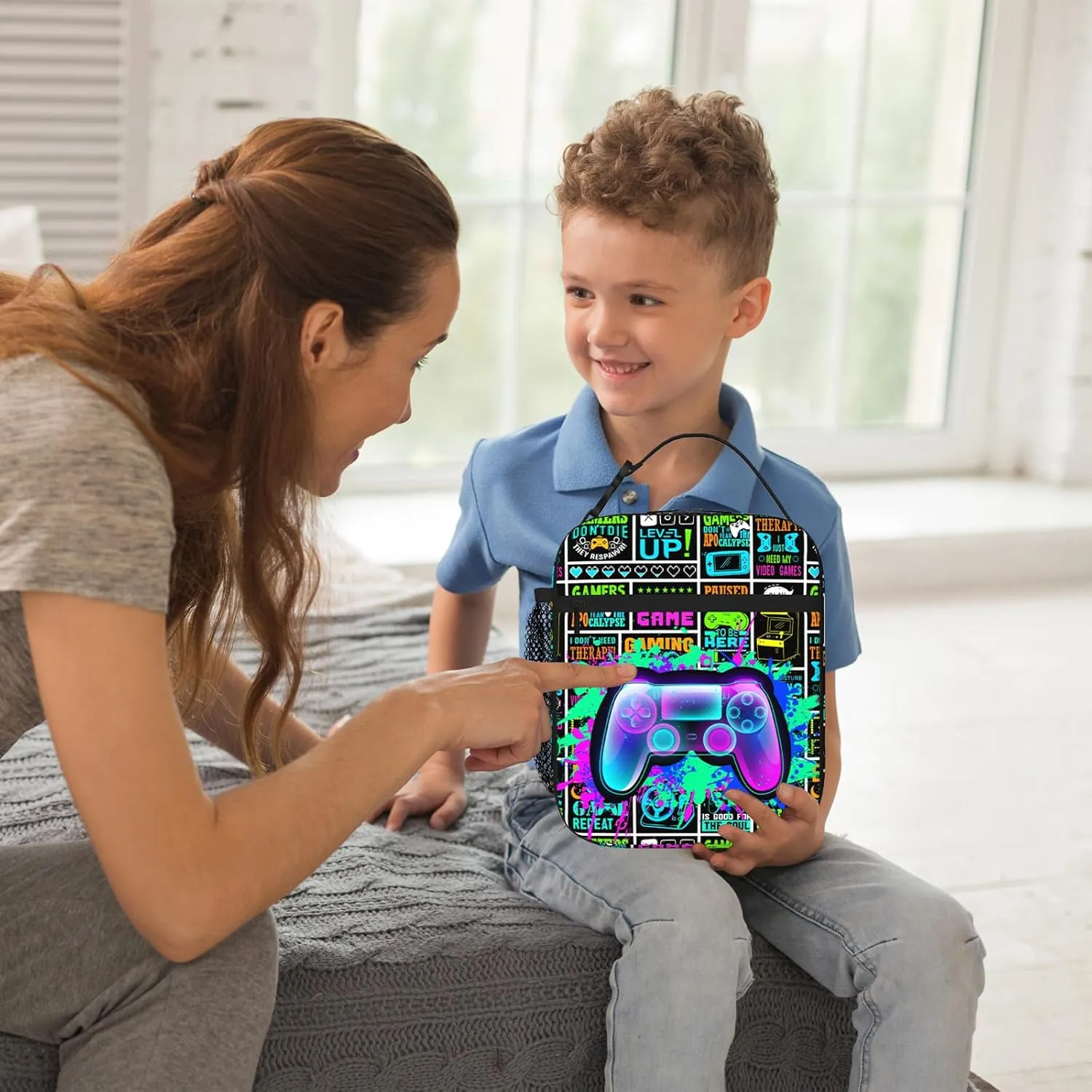 Video Game Lunch Box Gamepad Insulated Lunch Bag Reusable Cool Game Slogan Game Theme Lunch Box With Adjustable Shoulder Strap, Lunch Tote Bag For boys 8-12 teenager