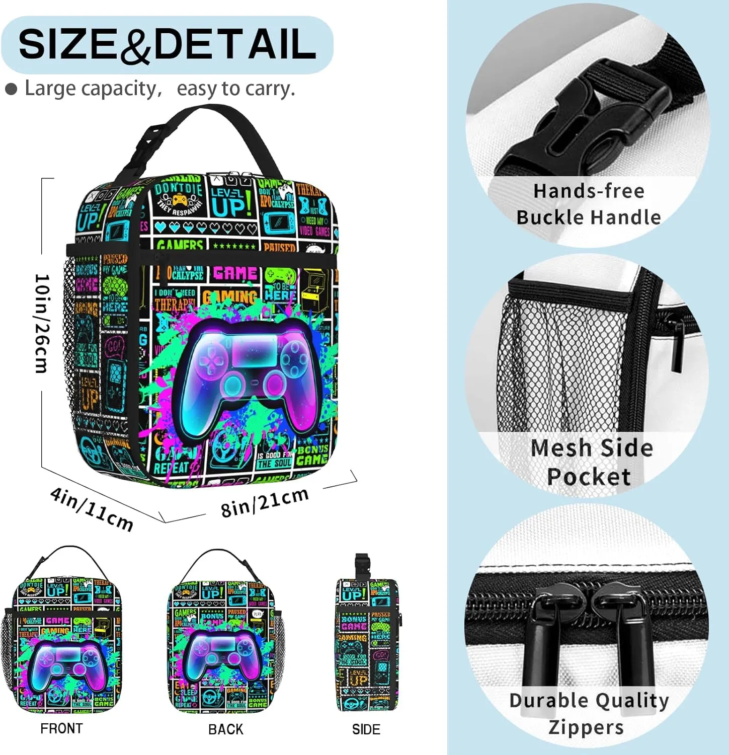 Video Game Lunch Box Gamepad Insulated Lunch Bag Reusable Cool Game Slogan Game Theme Lunch Box With Adjustable Shoulder Strap, Lunch Tote Bag For boys 8-12 teenager