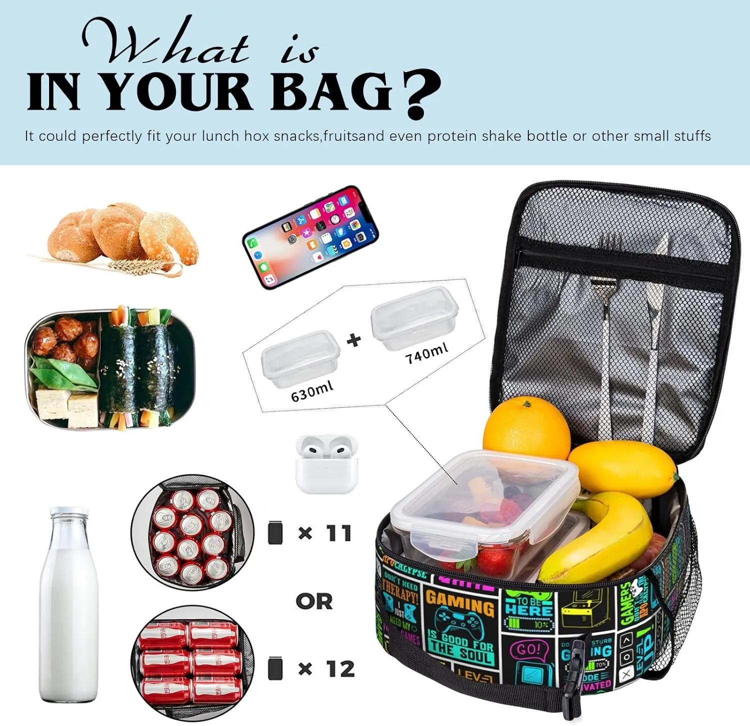 Video Game Lunch Box Gamepad Insulated Lunch Bag Reusable Cool Game Slogan Game Theme Lunch Box With Adjustable Shoulder Strap, Lunch Tote Bag For boys 8-12 teenager