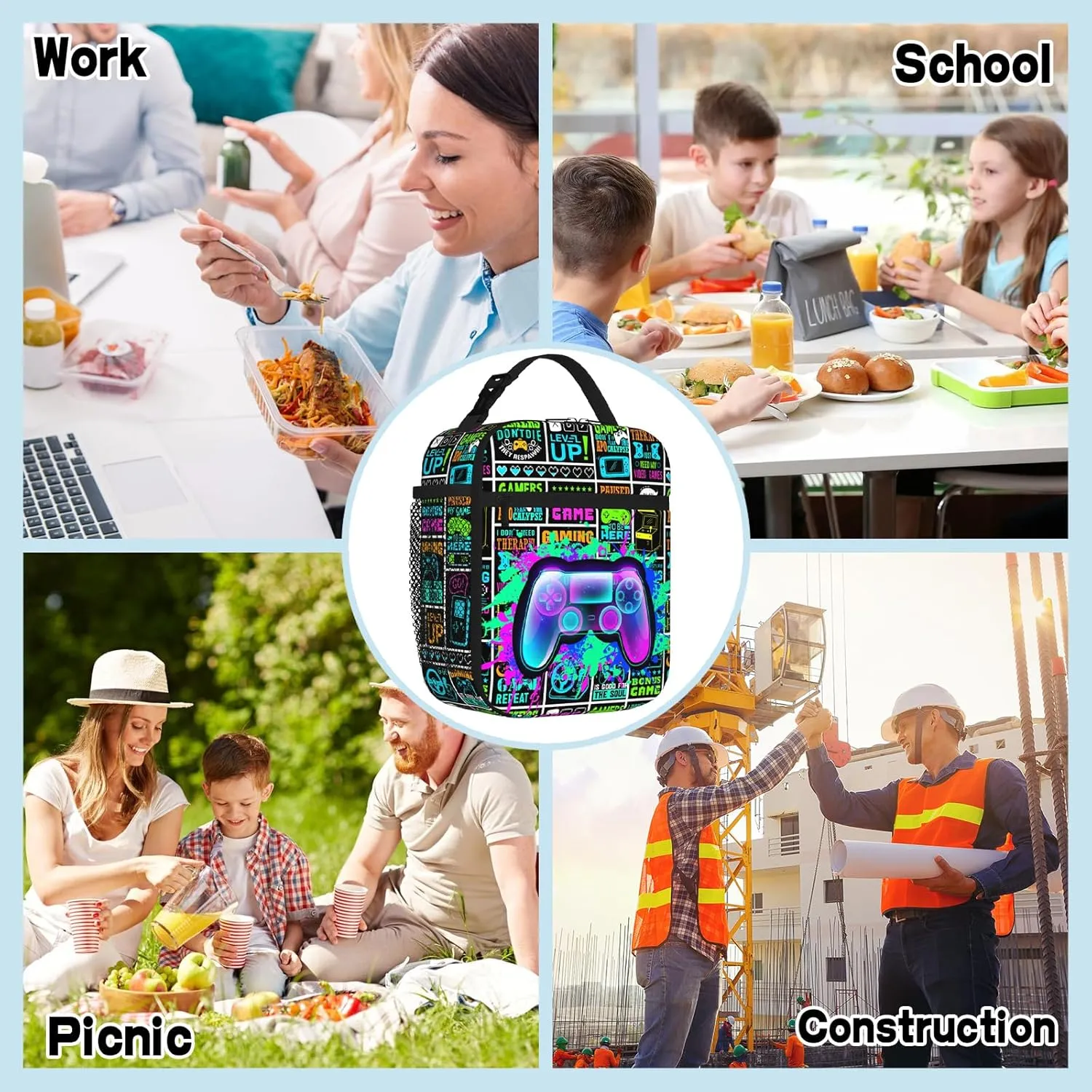Video Game Lunch Box Gamepad Insulated Lunch Bag Reusable Cool Game Slogan Game Theme Lunch Box With Adjustable Shoulder Strap, Lunch Tote Bag For boys 8-12 teenager