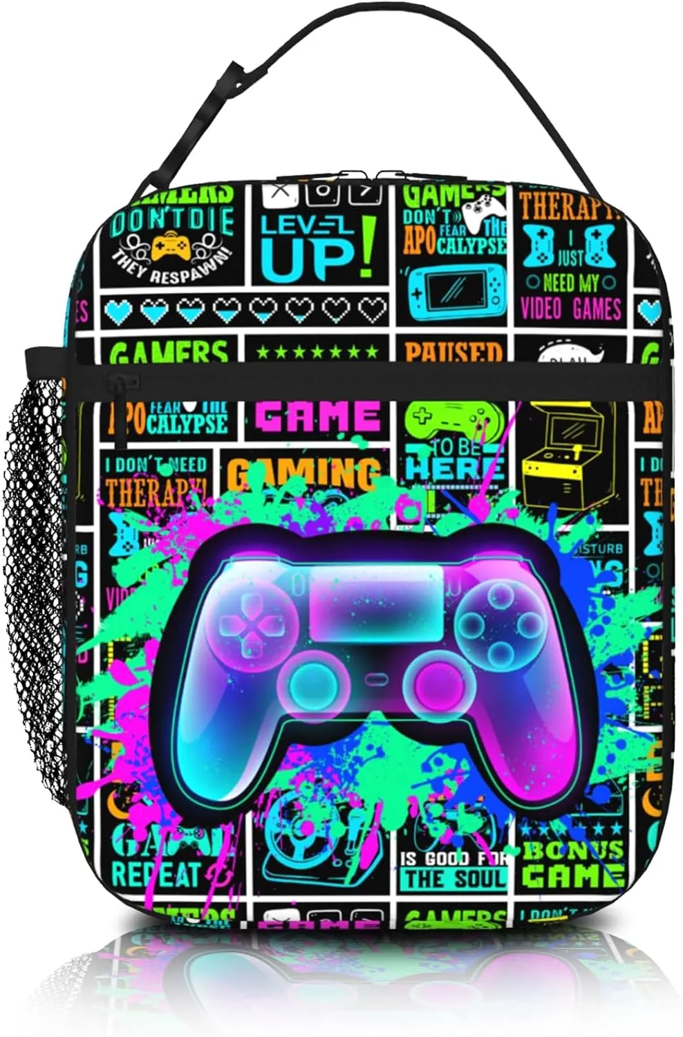 Video Game Lunch Box Gamepad Insulated Lunch Bag Reusable Cool Game Slogan Game Theme Lunch Box With Adjustable Shoulder Strap, Lunch Tote Bag For boys 8-12 teenager