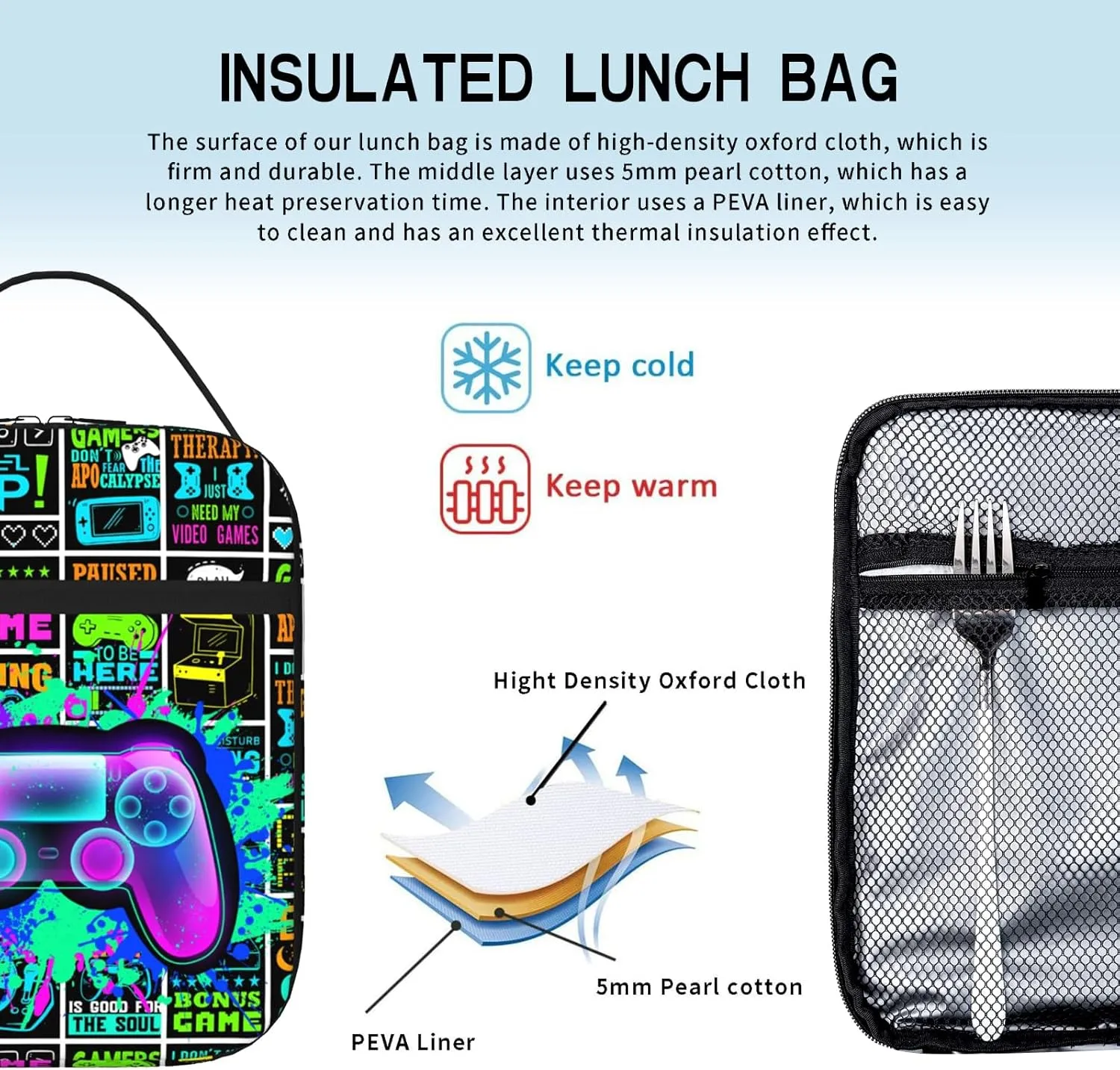 Video Game Lunch Box Gamepad Insulated Lunch Bag Reusable Cool Game Slogan Game Theme Lunch Box With Adjustable Shoulder Strap, Lunch Tote Bag For boys 8-12 teenager