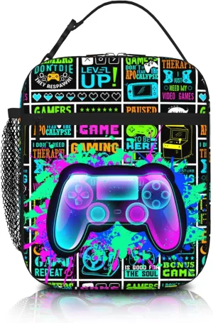 Video Game Lunch Box Gamepad Insulated Lunch Bag Reusable Cool Game Slogan Game Theme Lunch Box With Adjustable Shoulder Strap, Lunch Tote Bag For boys 8-12 teenager