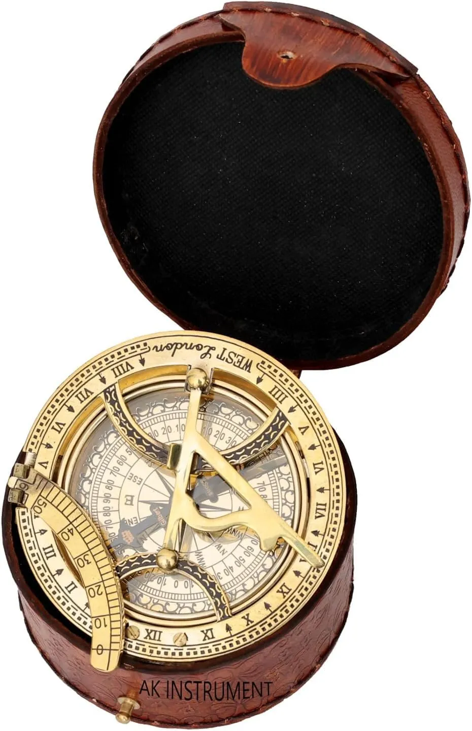 Vintage Brass 4" Sundial Compass with Leather Case Nautical Map Reader Maritime Pocket Compass for Travelling Camping & Navigation Tool
