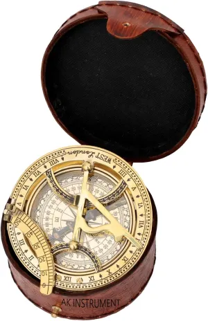 Vintage Brass 4" Sundial Compass with Leather Case Nautical Map Reader Maritime Pocket Compass for Travelling Camping & Navigation Tool