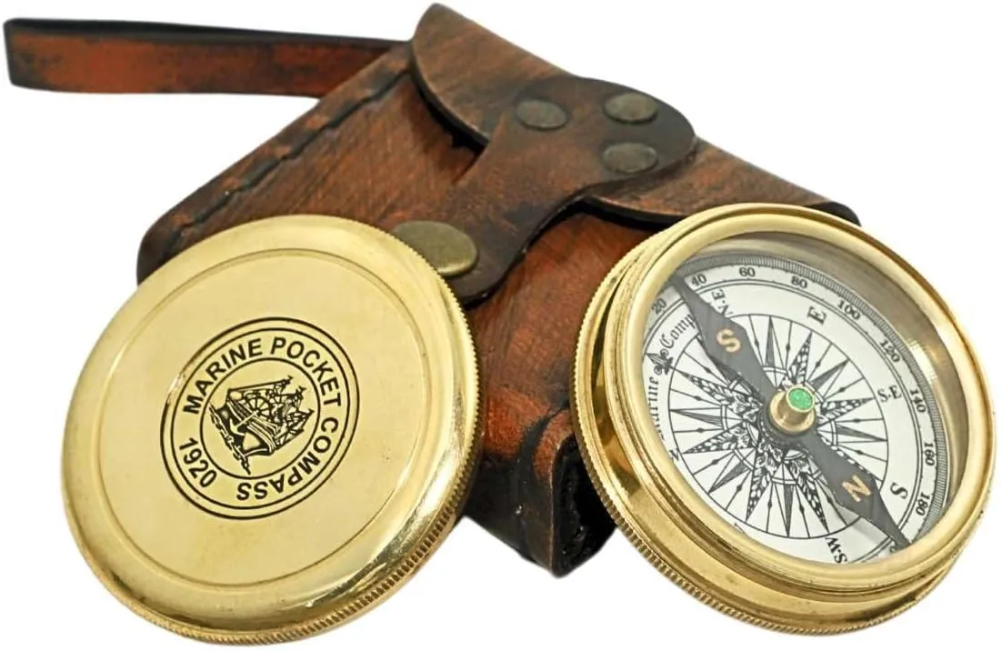 Vintage Brass Marine Pocket Compass with Leather Case – Nautical Hiking & Camping Travel Compass – Survival Emergency Navigation Gift
