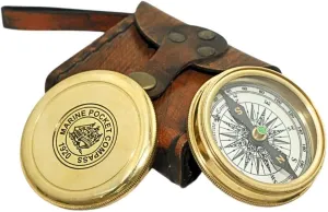 Vintage Brass Marine Pocket Compass with Leather Case – Nautical Hiking & Camping Travel Compass – Survival Emergency Navigation Gift