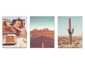 Vintage Desert Photography prints, Set of 3, UNFRAMED, Classic Van, Cactus, Route 66 Road Wall Art Decor Poster Sign, 8x10