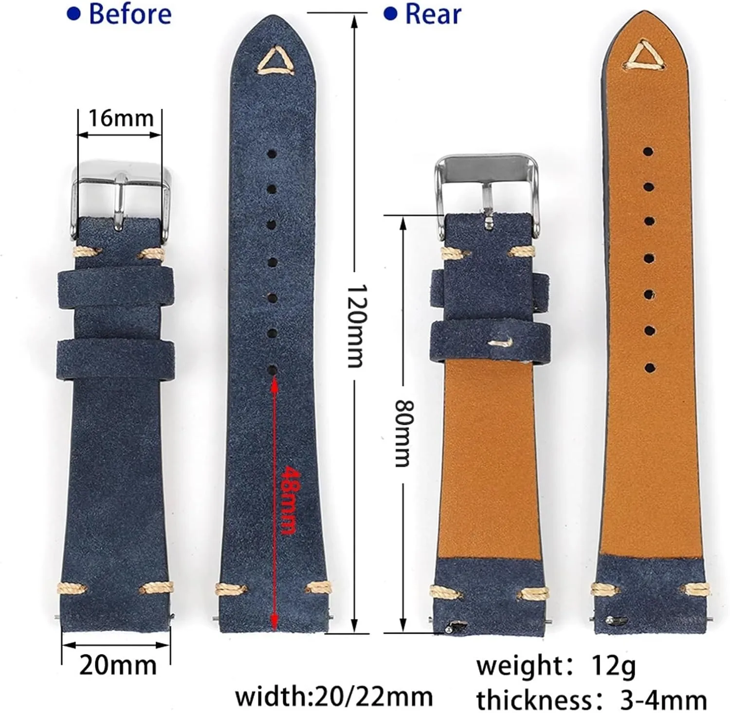 Vintage Suede Leather Watch Band Replacement Wristband Handmade Stitching Watchband