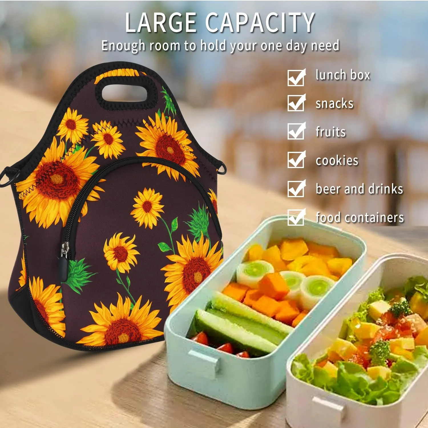Violet Mist Neoprene Lunch Bags with Shoulder Strap Lunch Totes for Women Insulated Lunch Handbag Thermal Lunch Box Reusable Gourmet Bento Bag Pocket Zipper for Work Picnic Travel Shopping, Sunflower