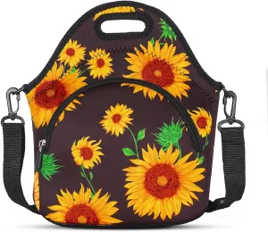 Violet Mist Neoprene Lunch Bags with Shoulder Strap Lunch Totes for Women Insulated Lunch Handbag Thermal Lunch Box Reusable Gourmet Bento Bag Pocket Zipper for Work Picnic Travel Shopping, Sunflower