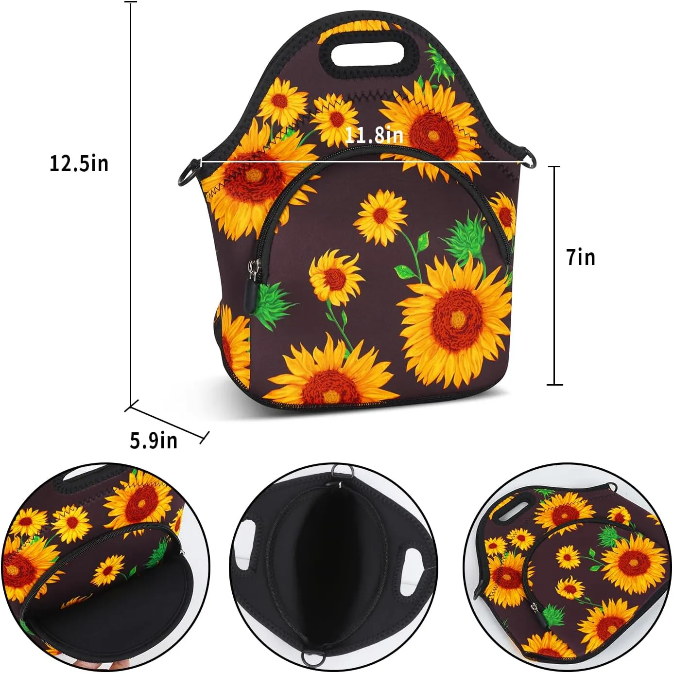 Violet Mist Neoprene Lunch Bags with Shoulder Strap Lunch Totes for Women Insulated Lunch Handbag Thermal Lunch Box Reusable Gourmet Bento Bag Pocket Zipper for Work Picnic Travel Shopping, Sunflower