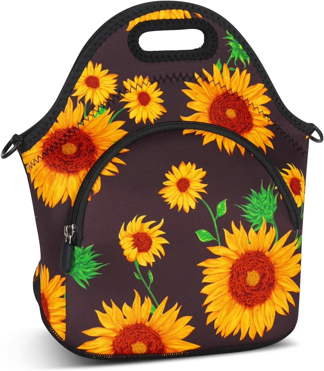 Violet Mist Neoprene Lunch Bags with Shoulder Strap Lunch Totes for Women Insulated Lunch Handbag Thermal Lunch Box Reusable Gourmet Bento Bag Pocket Zipper for Work Picnic Travel Shopping, Sunflower