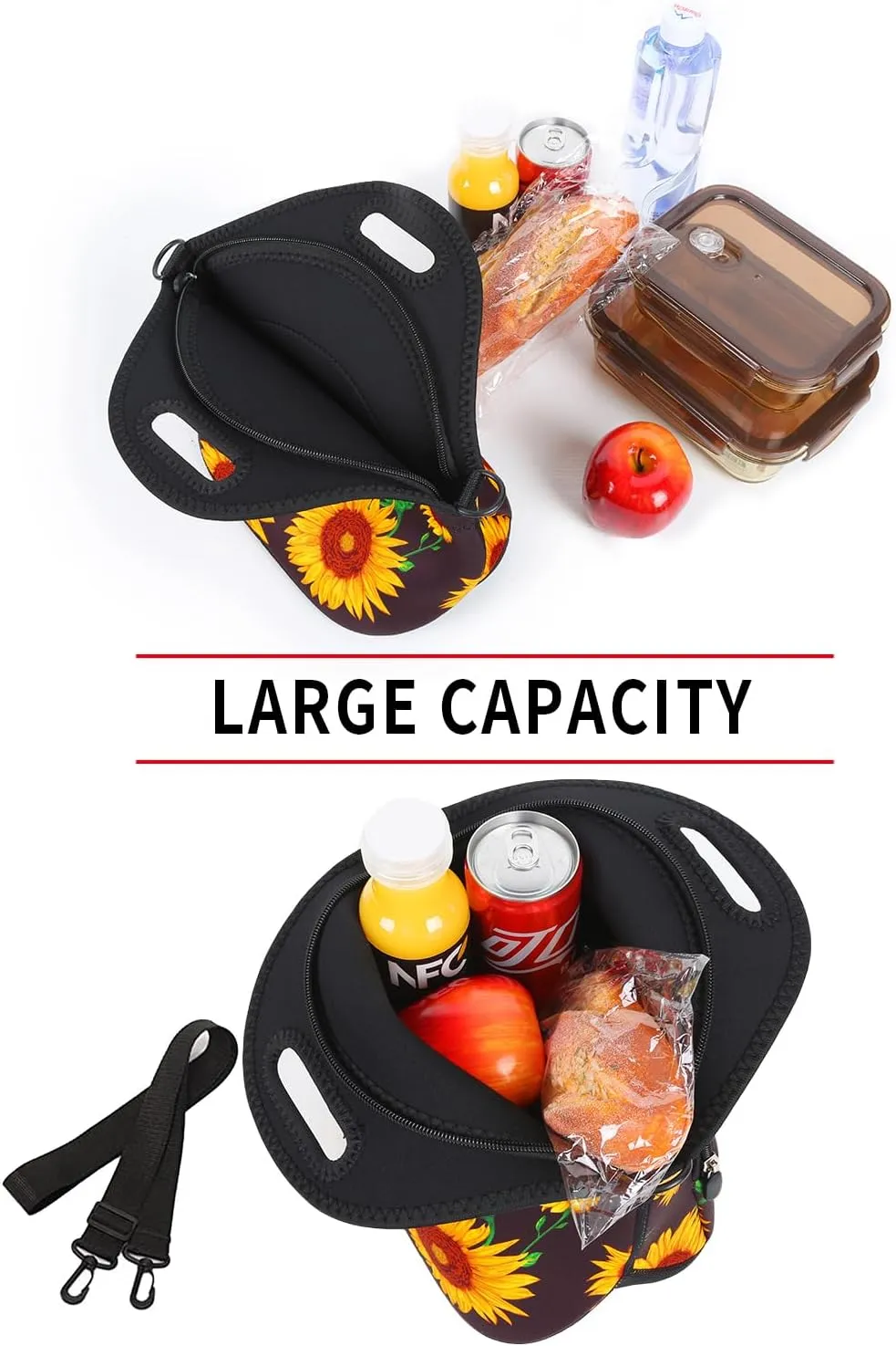 Violet Mist Neoprene Lunch Bags with Shoulder Strap Lunch Totes for Women Insulated Lunch Handbag Thermal Lunch Box Reusable Gourmet Bento Bag Pocket Zipper for Work Picnic Travel Shopping, Sunflower