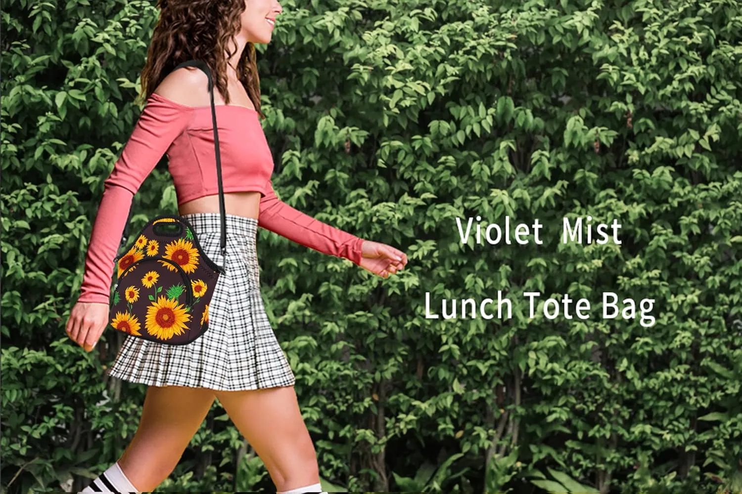 Violet Mist Neoprene Lunch Bags with Shoulder Strap Lunch Totes for Women Insulated Lunch Handbag Thermal Lunch Box Reusable Gourmet Bento Bag Pocket Zipper for Work Picnic Travel Shopping, Sunflower
