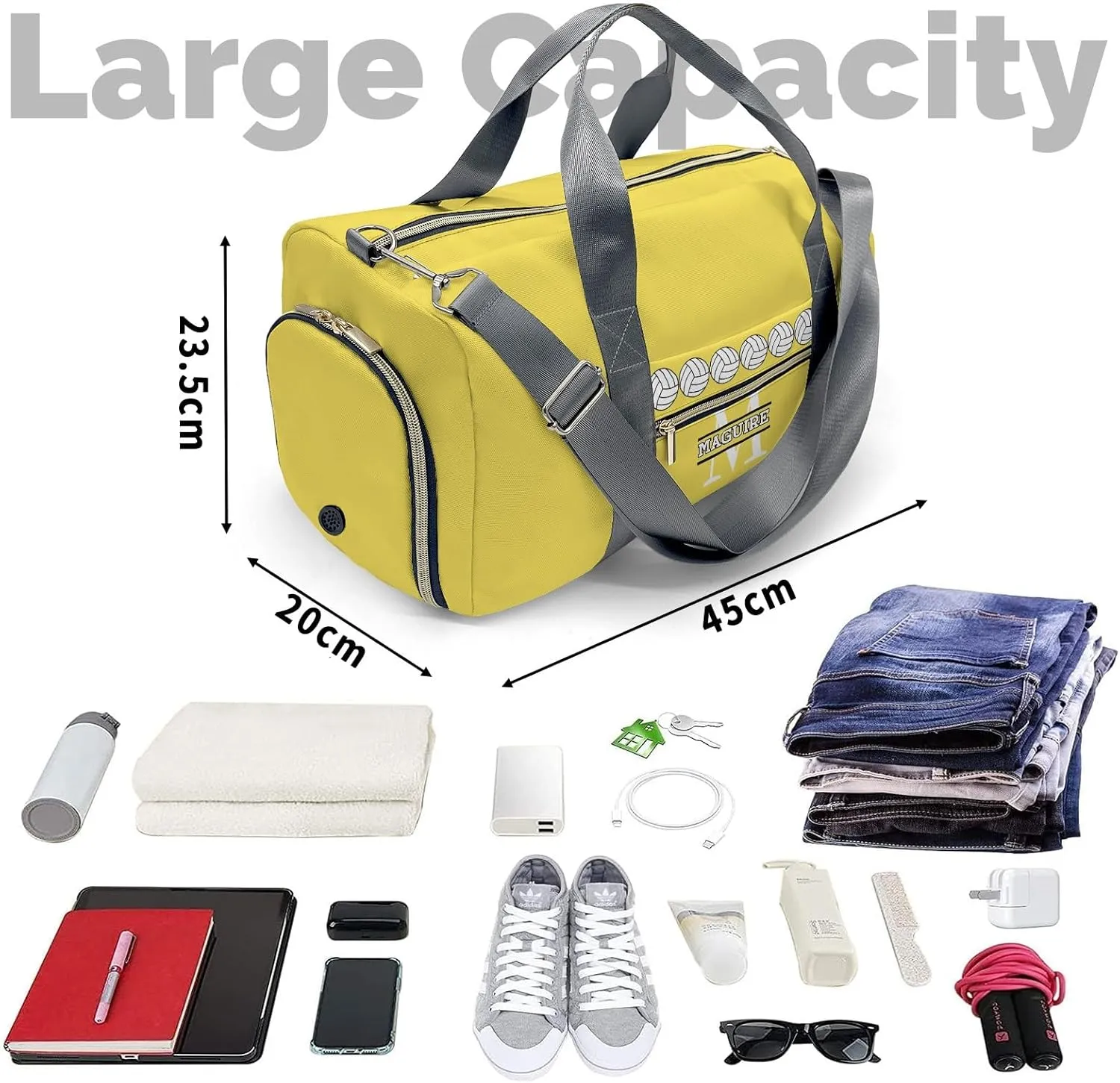 Volleyball Monogram Yellow Personalized Duffel Bag with Name Custom Travel Bag for Women Men Sports Gym Dance Bags Wet Dry Pockets Shoes Compartment Overnight Weekend Bag Gift