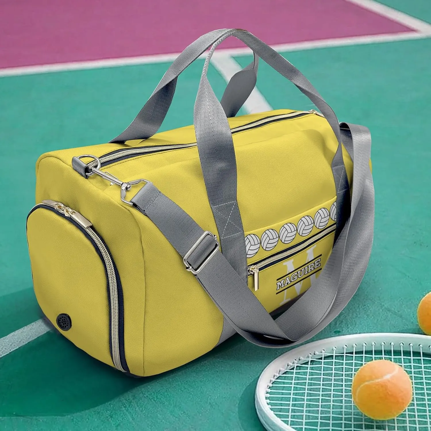 Volleyball Monogram Yellow Personalized Duffel Bag with Name Custom Travel Bag for Women Men Sports Gym Dance Bags Wet Dry Pockets Shoes Compartment Overnight Weekend Bag Gift
