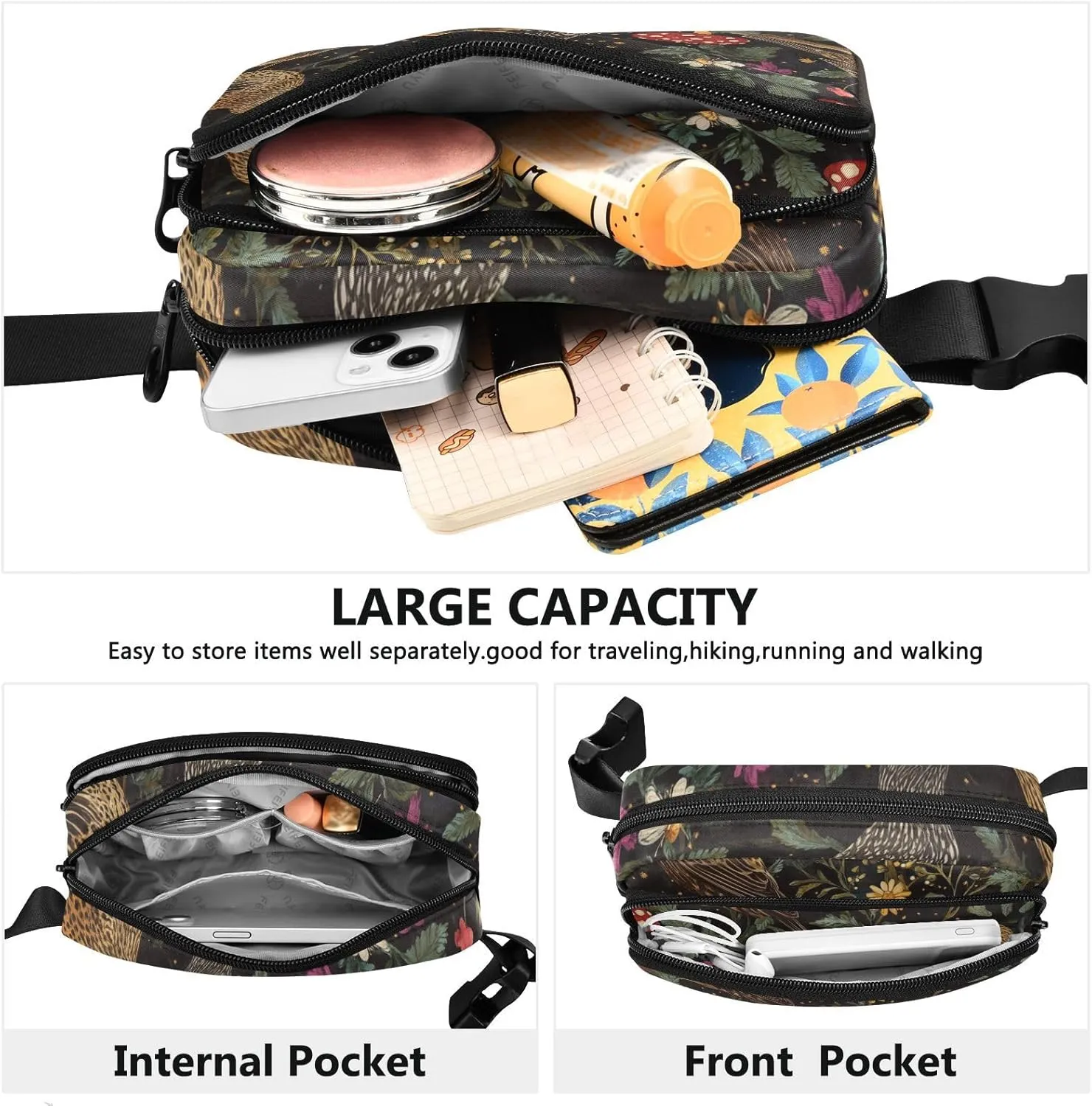 Waist Pack Crossbody Passport Bag, Cartoon European Starling Birds A River, Women Men Waterproof Sling Chest Bags with Adjustable Strap Fanny Packs for Workout Running Hiking