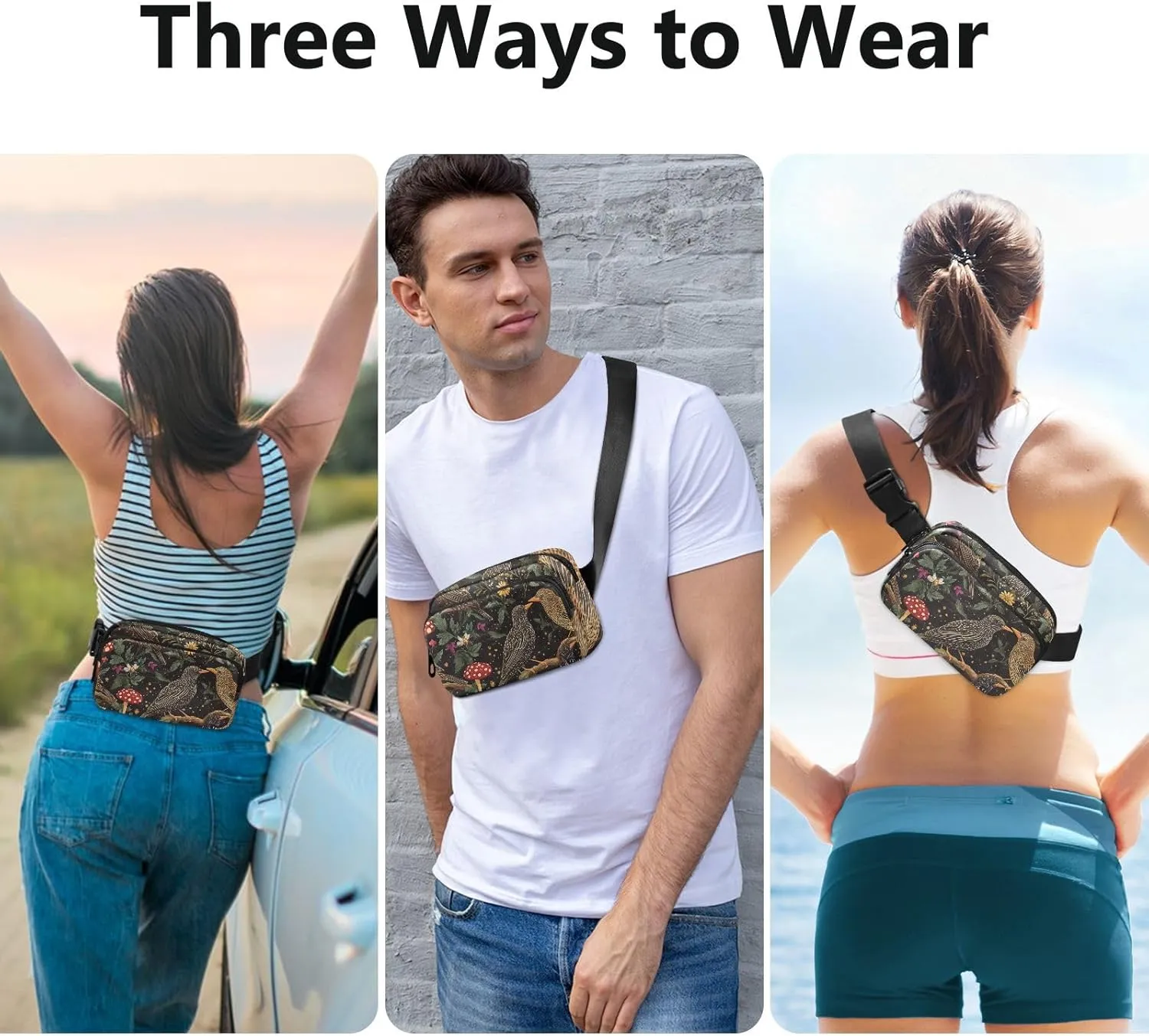 Waist Pack Crossbody Passport Bag, Cartoon European Starling Birds A River, Women Men Waterproof Sling Chest Bags with Adjustable Strap Fanny Packs for Workout Running Hiking
