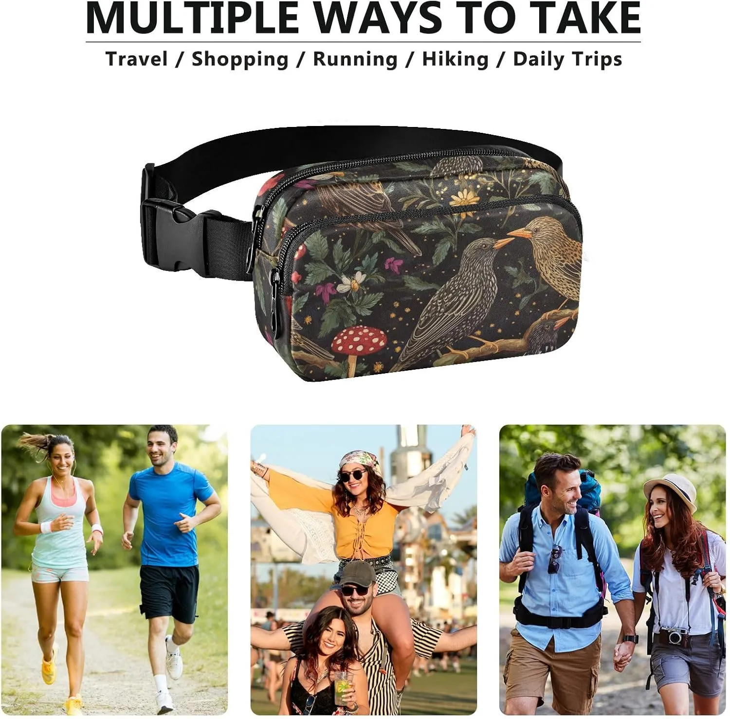 Waist Pack Crossbody Passport Bag, Cartoon European Starling Birds A River, Women Men Waterproof Sling Chest Bags with Adjustable Strap Fanny Packs for Workout Running Hiking