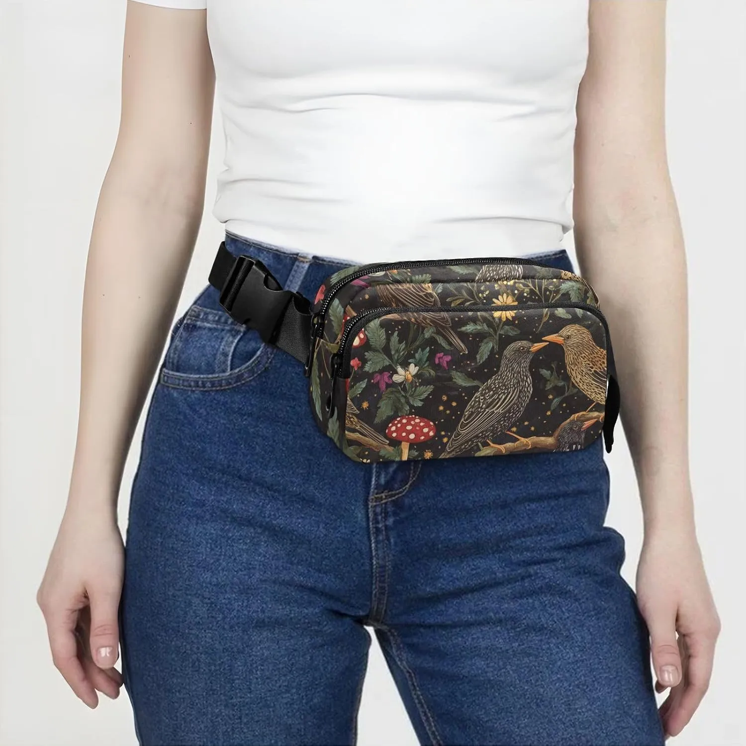 Waist Pack Crossbody Passport Bag, Cartoon European Starling Birds A River, Women Men Waterproof Sling Chest Bags with Adjustable Strap Fanny Packs for Workout Running Hiking