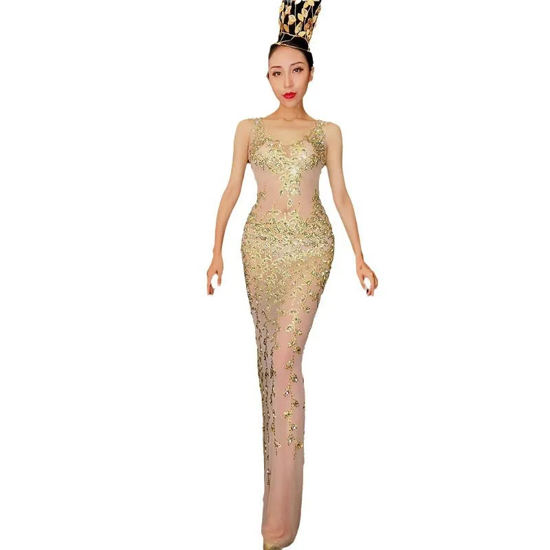 Waisted Mermaid Long Dress With Diamonds