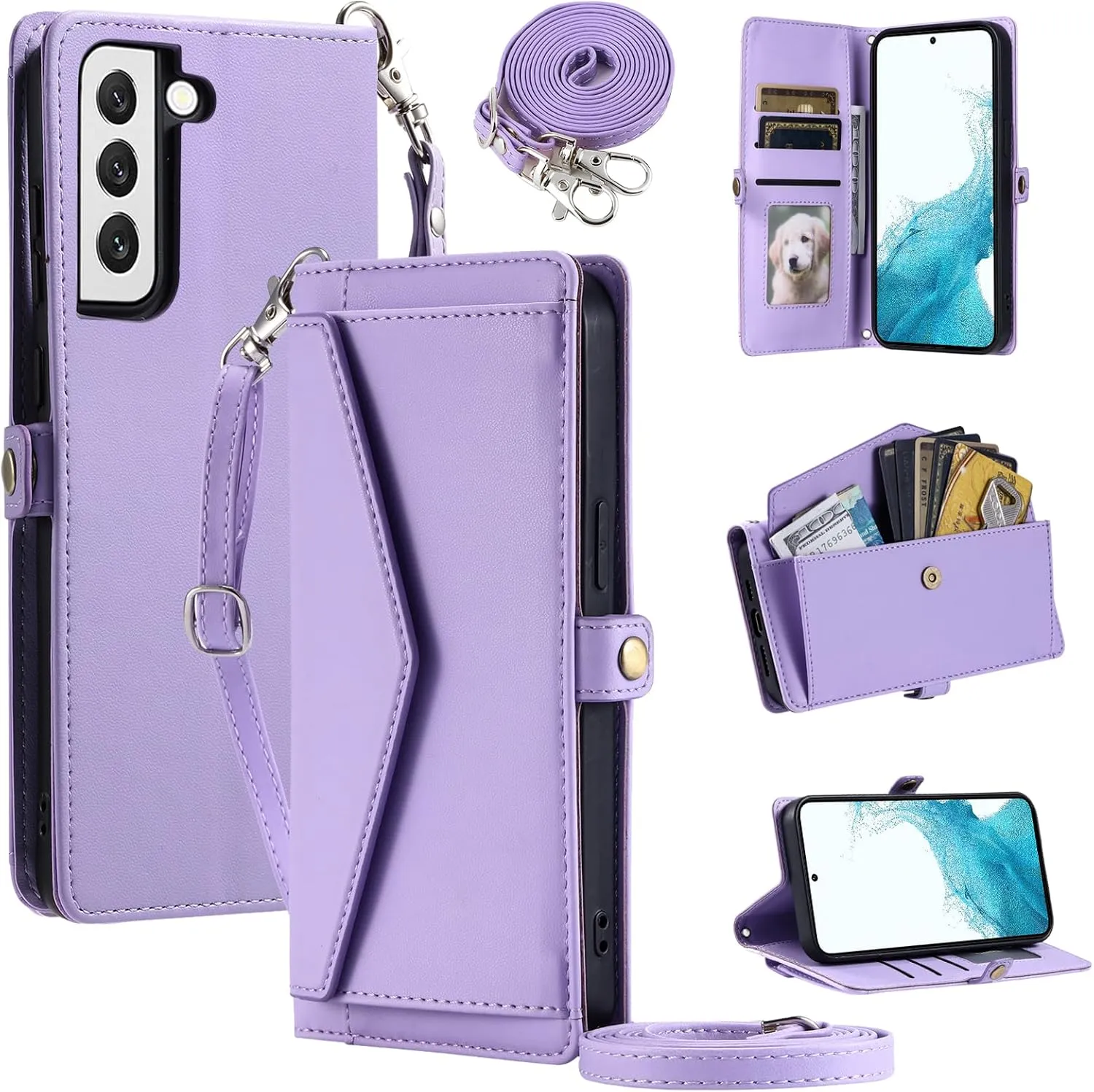 Wallet Case For Samsung Galaxy S21 FE 5G with Wrist Strap Card Holder Shockproof Soft PU Leather Magnetic Snap Pocket Stand Cell Phone Cover S 21 EF S21FE5G UW S21FE 21S G5 6.4inch Women Purple