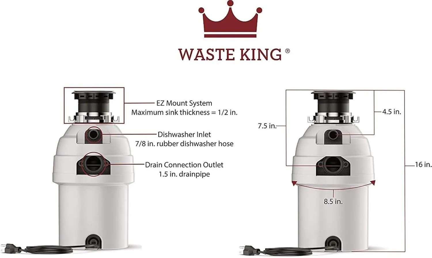 Waste King 1 HP Garbage Disposal with Power Cord, Food Waste Disposer for Kitchen Sink, L-8000