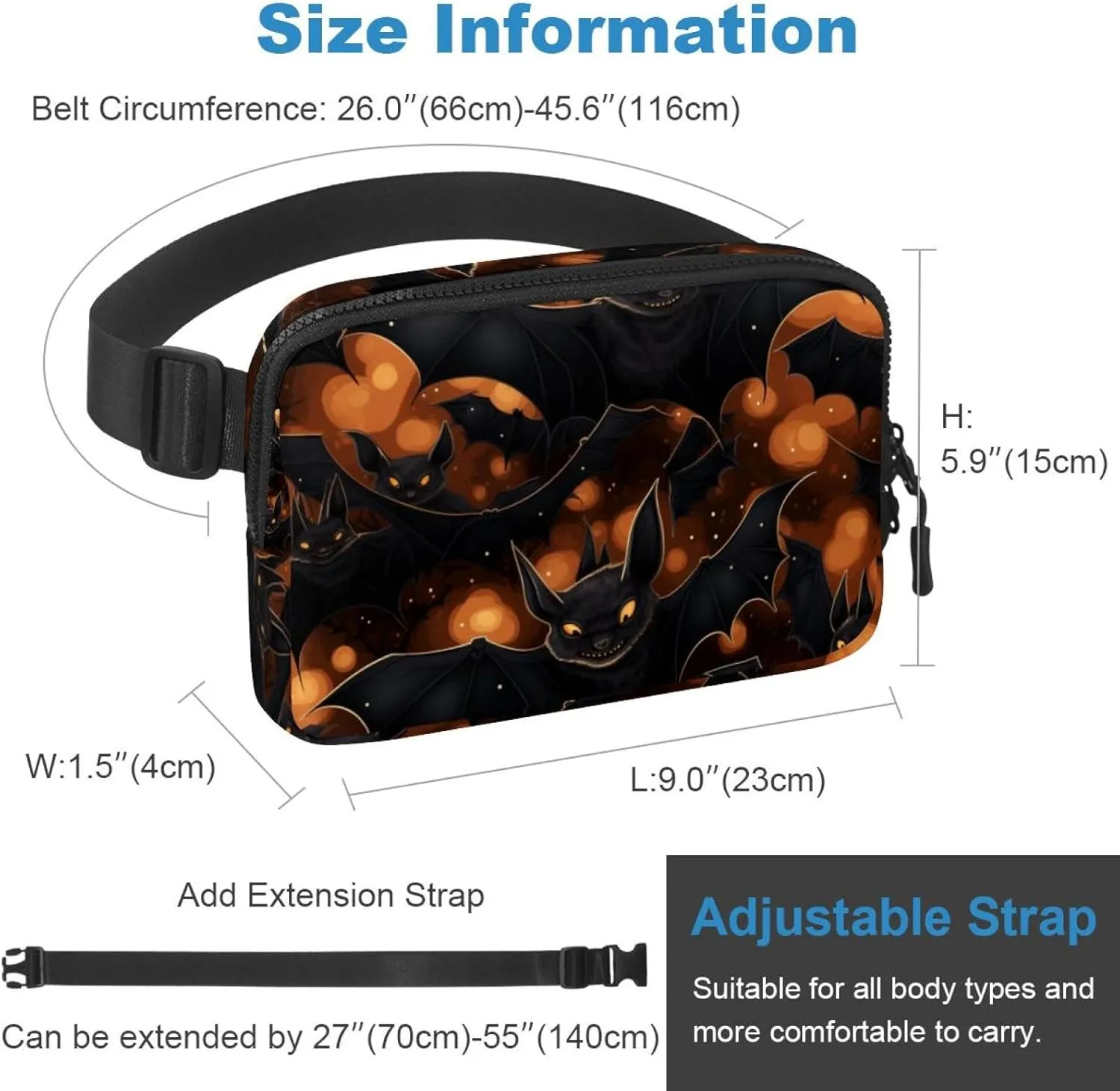 Waterproof Fanny Pack Black Belt Bag with Adjustable Strap for Women and Men,Halloween Night Bats Crossbody Fanny Bag with Zipper for Hiking Running Travel