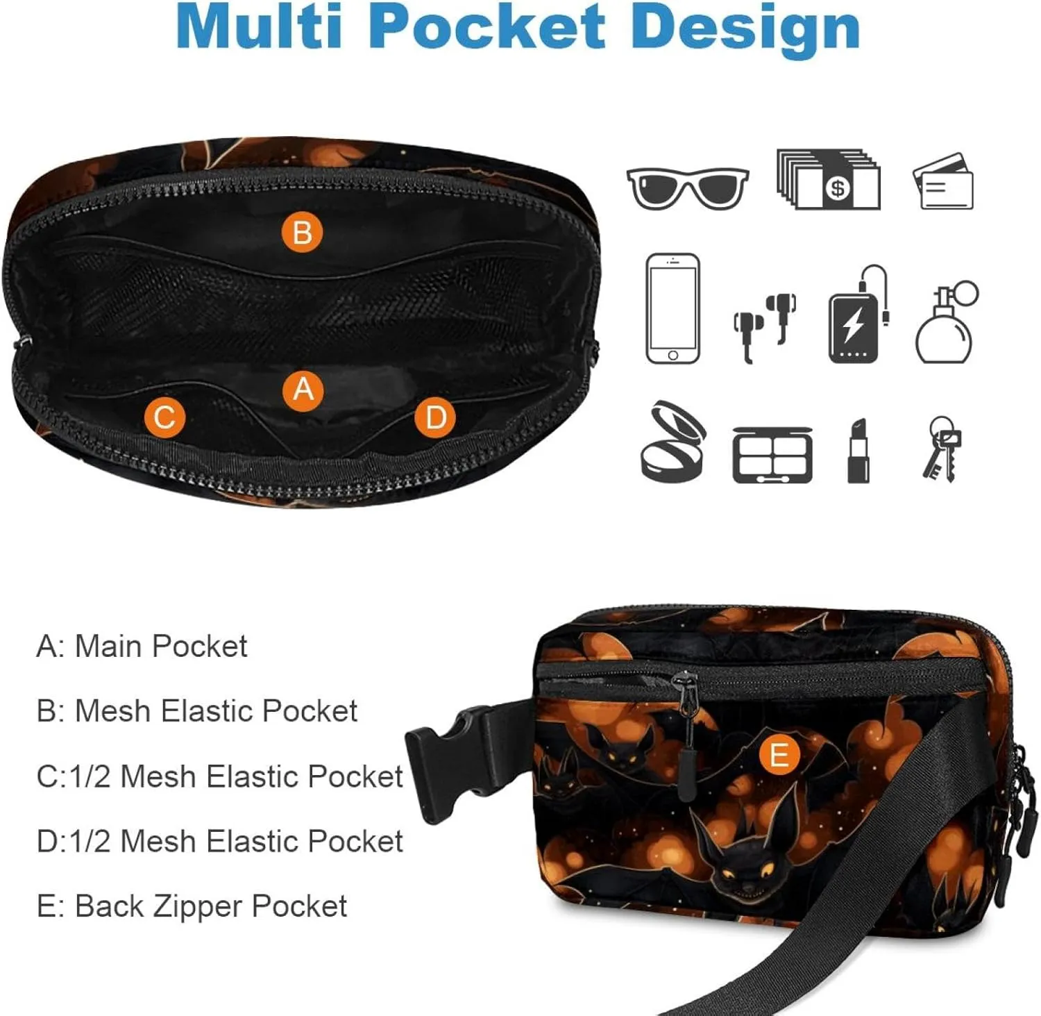Waterproof Fanny Pack Black Belt Bag with Adjustable Strap for Women and Men,Halloween Night Bats Crossbody Fanny Bag with Zipper for Hiking Running Travel