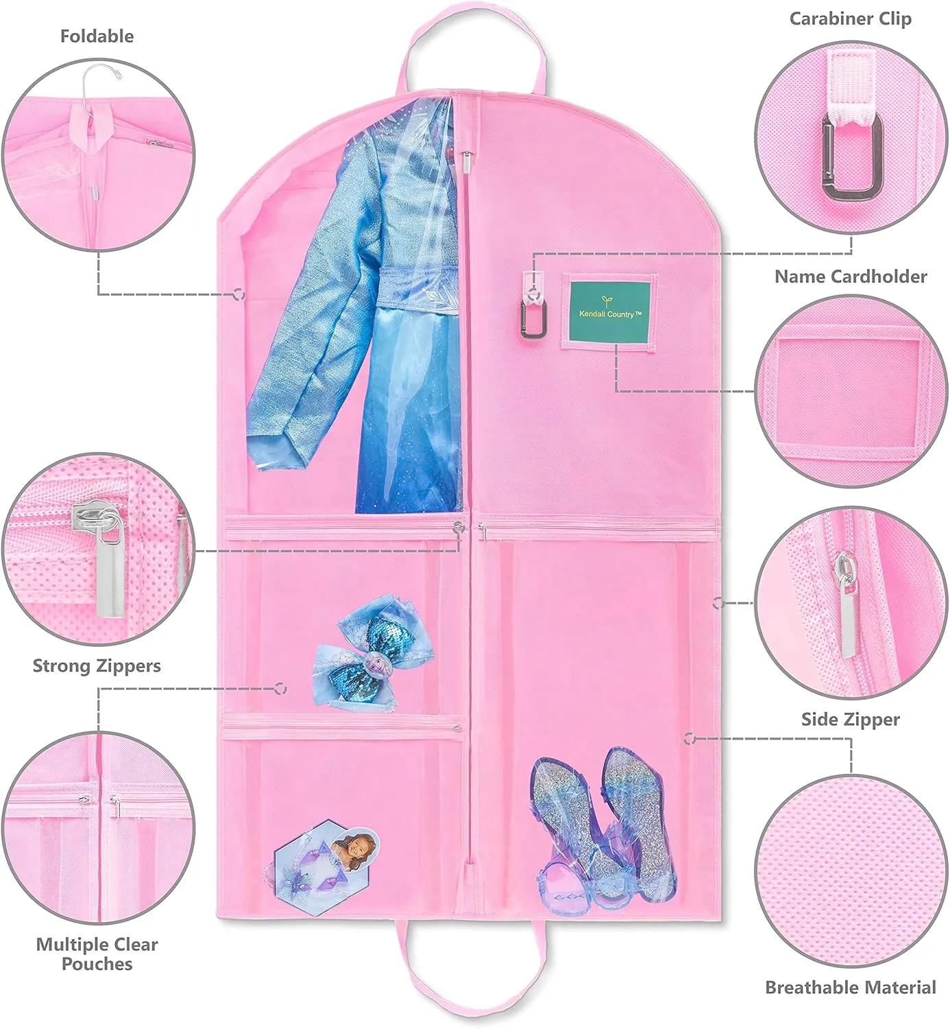 Waterproof Hanging Garment Bag 40 inch Clothes Bag with Gusset, 5 Pockets Side Zip for Dance Costumes Sports Skating Theatre Pageants Cheer Cosplay Kendall Country (Cotton Candy, 40 inch)