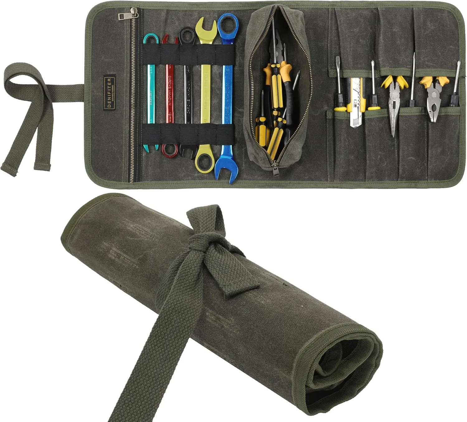 Waxed Canvas Multi-Purpose Waterpoof Tool Organizer Bags, Portable Carry On Pouch with 1 Small Detachable Tool pouch and 1 Zipper Pockets, 24.5" X 10.5"|ArmyGreen