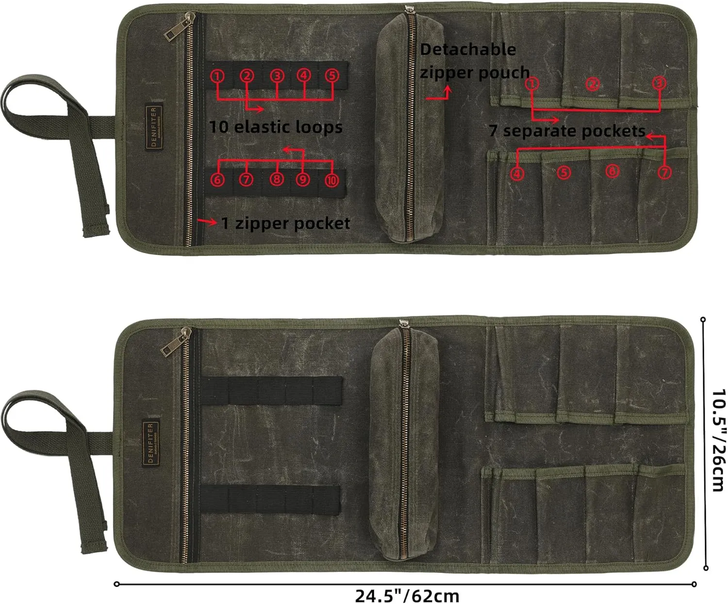 Waxed Canvas Multi-Purpose Waterpoof Tool Organizer Bags, Portable Carry On Pouch with 1 Small Detachable Tool pouch and 1 Zipper Pockets, 24.5" X 10.5"|ArmyGreen