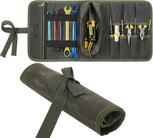 Waxed Canvas Multi-Purpose Waterpoof Tool Organizer Bags, Portable Carry On Pouch with 1 Small Detachable Tool pouch and 1 Zipper Pockets, 24.5" X 10.5"|ArmyGreen